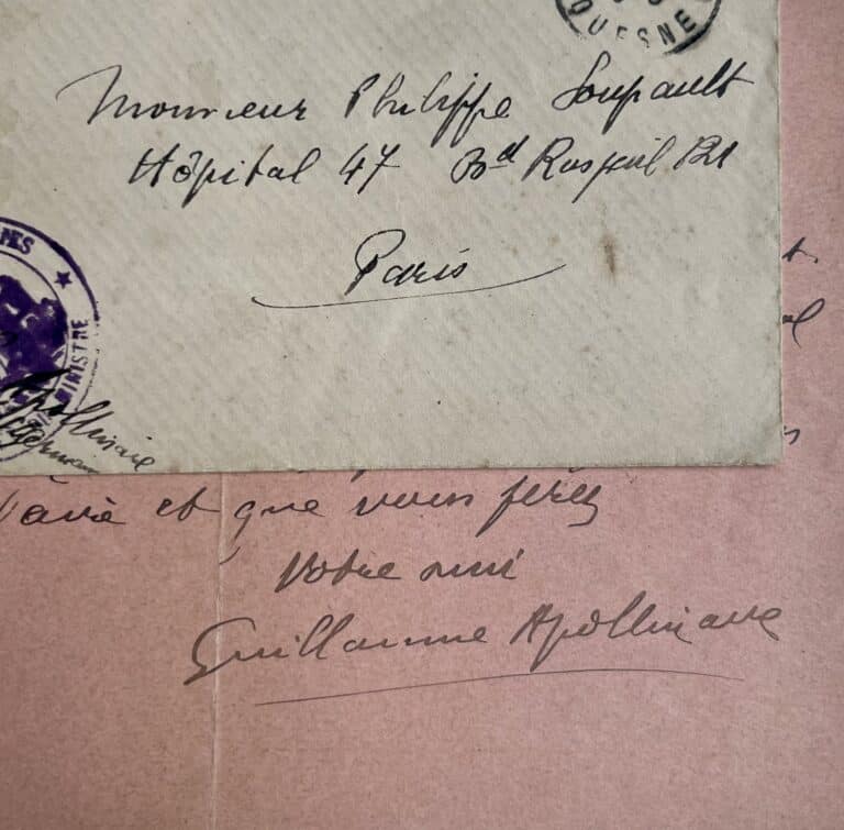 Lettre de Guillaume Apollinaire à Philippe Soupault, soigné à l&rsquo;hôpital, en 1918