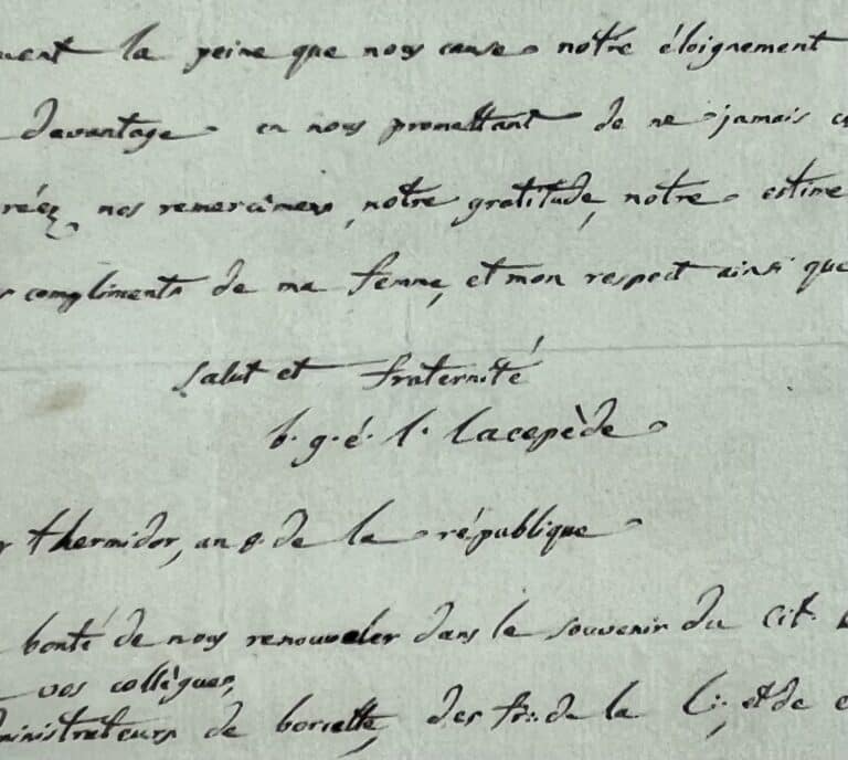 Chaleureuse lettre de château du comte de Lacépède à Dorsel & aux frères d&rsquo;une loge maçonnique