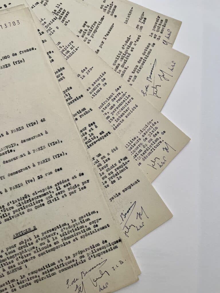 Contrat de création de « Littérature et philosophie » signé par Jean-Paul Sartre, Simone de Beauvoir, Merleau-Ponty, Jacques-Laurent Bost et Jean Cau.