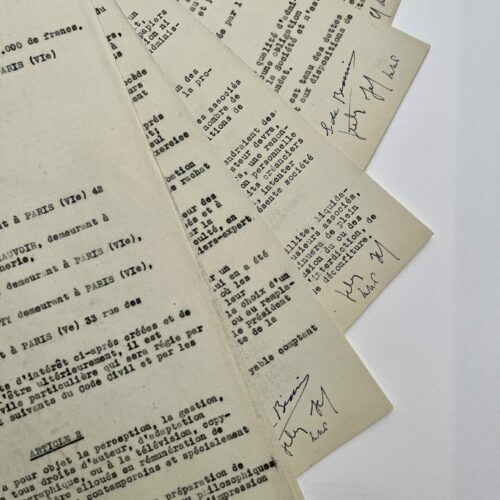 Contrato para la creación de "Literatura y Filosofía" firmado por Jean-Paul Sartre, Simone de Beauvoir, Merleau-Ponty, Jacques-Laurent Bost y Jean Cau.