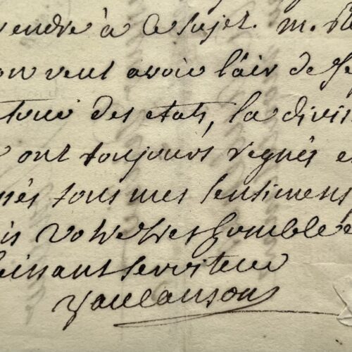 Una rarissima lettera dell'inventore Jacques Vaucanson riguardante le fabbriche di seta di Aubenas e Lavaur
