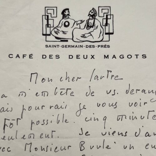 Letter from RJ Chauffard to Sartre, with a beautiful Deux Magots letterhead
