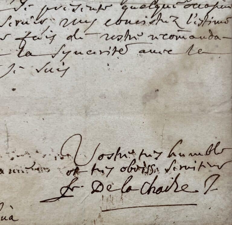 Rare lettre autographe du Père La Chaize, confesseur de Louis XIV, qui donna son nom au cimetière