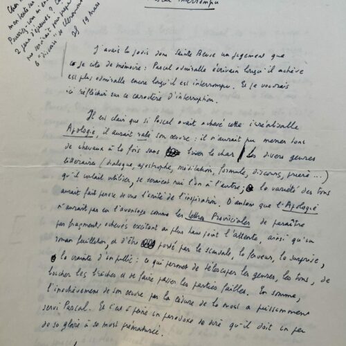 Manuscript of an article by Jean Guitton on Pascal's "Thoughts"