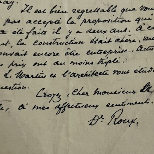 Lettera di Émile Roux a Maurice Nicolle riguardante la costruzione di un laboratorio per l'Istituto Pasteur