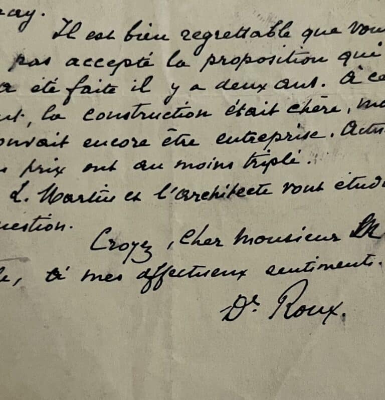 Lettre d&rsquo;Émile Roux à Maurice Nicolle au sujet de la construction d&rsquo;un laboratoire pour l&rsquo;Institut Pasteur