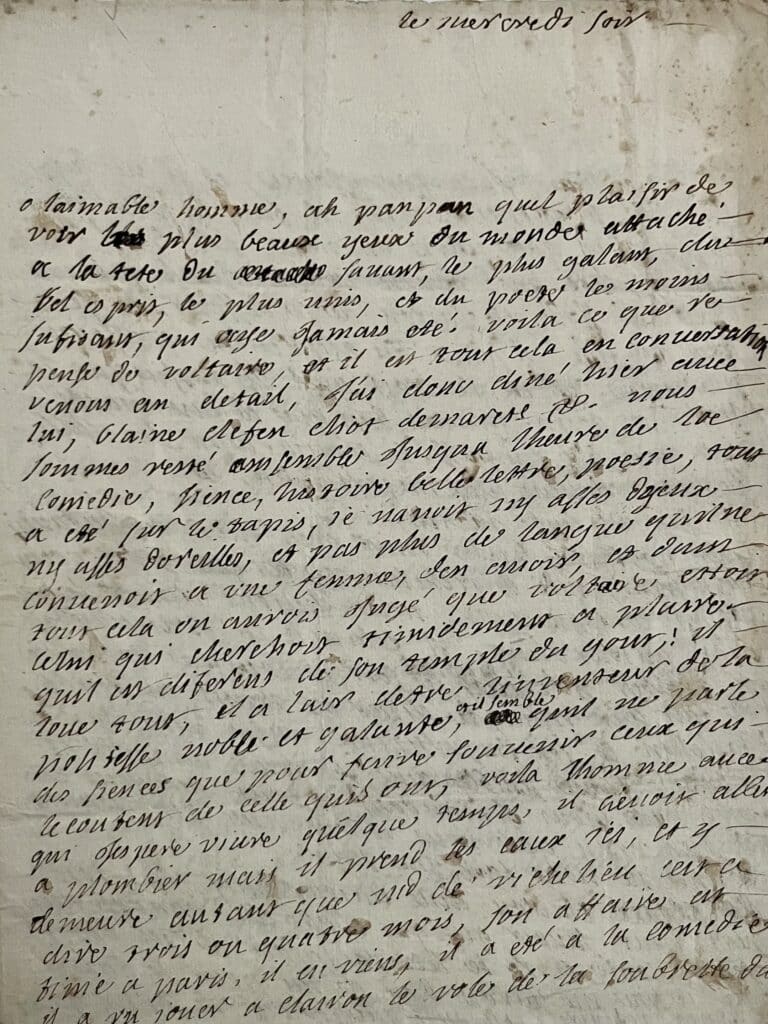Longue lettre de Françoise de Graffigny toute consacrée à Voltaire, qui vient séjourner chez elle, et à Mlle Clairon