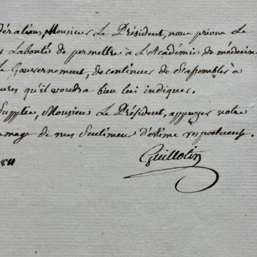 Una lunga lettera di Guillotin, presidente dell'Accademia di Medicina, che propone incontri presso l'Oratorio del Louvre