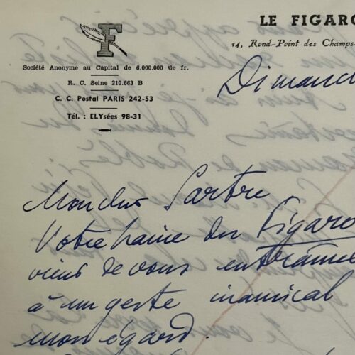 Letter from André Billy to Sartre: "Your hatred of Le Figaro has just led you to an unfriendly gesture towards me."