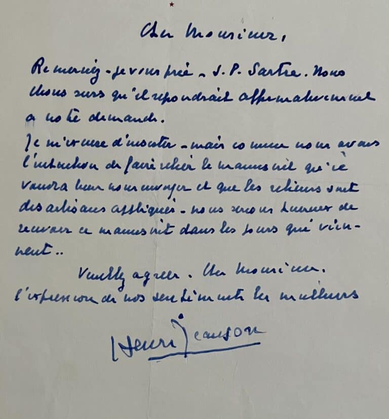 Henri Jeanson, par l&rsquo;intermédiaire de Jean Cau, demande un manuscrit à Sartre pour le faire relier