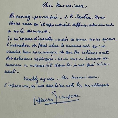 Henri Jeanson, through Jean Cau, requests a manuscript from Sartre to have it bound