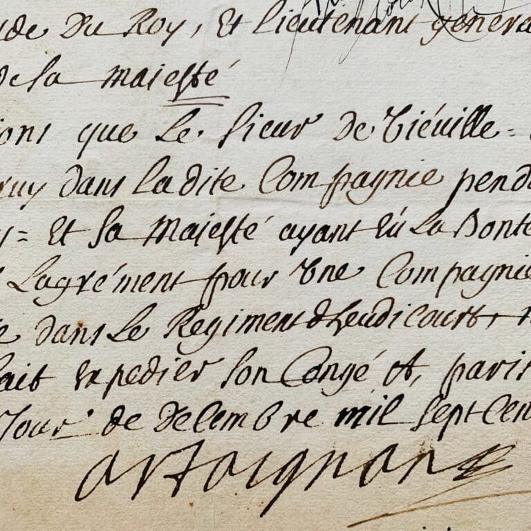 Congé signé par le comte d&rsquo;Artagnan, capitaine de la première compagnie des mousquetaires du Roi