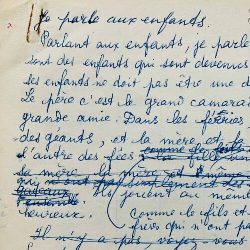 Manuscript of a speech by Paul Eluard exhorting children to friendship, fraternity, and tolerance