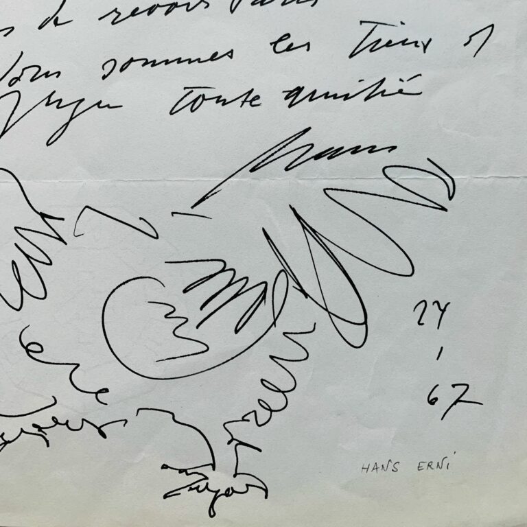 Lettre d&rsquo;Hans Erni illustrée d&rsquo;un dessin original