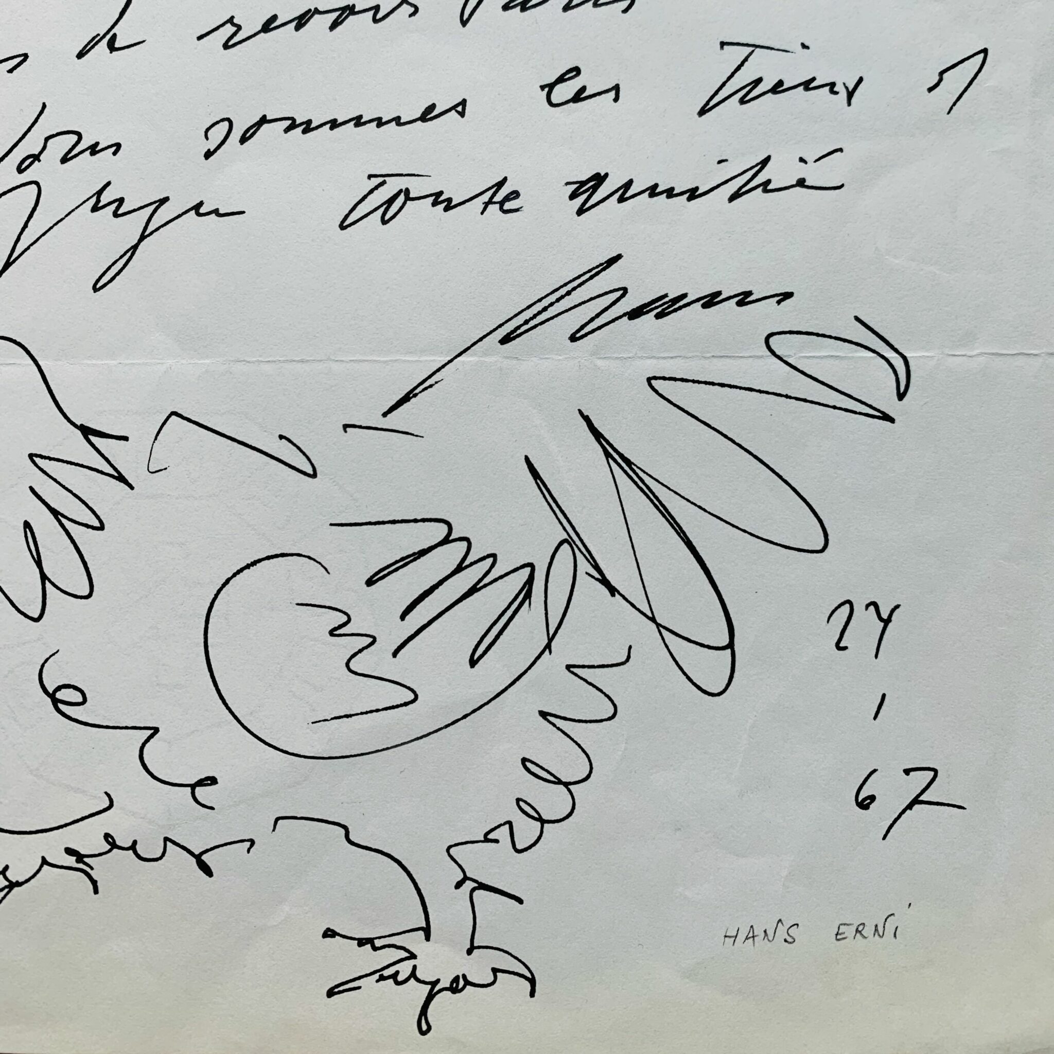 Brief von Hans Erni, illustriert mit einer Originalzeichnung