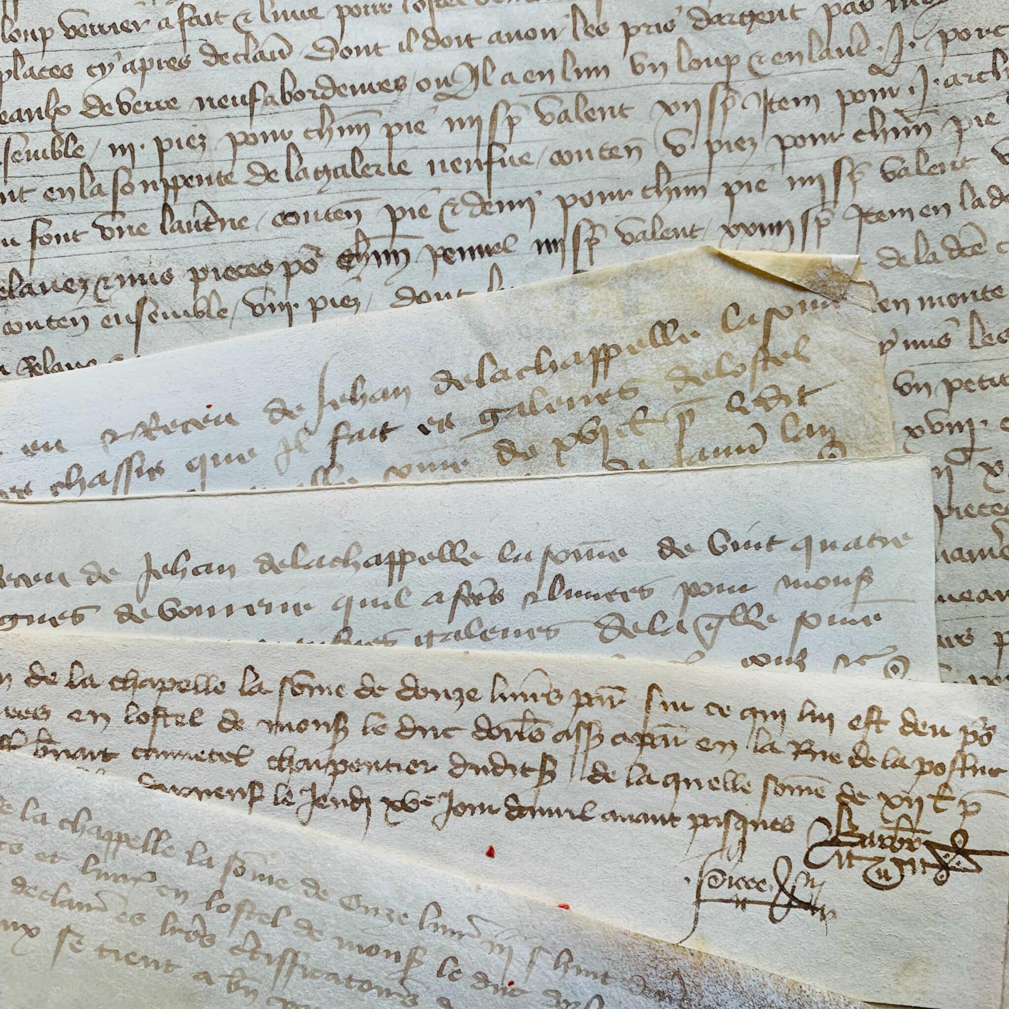 5 parchemins de 1399 sur les travaux de verrier pour la grande galerie du duc d'Orléans