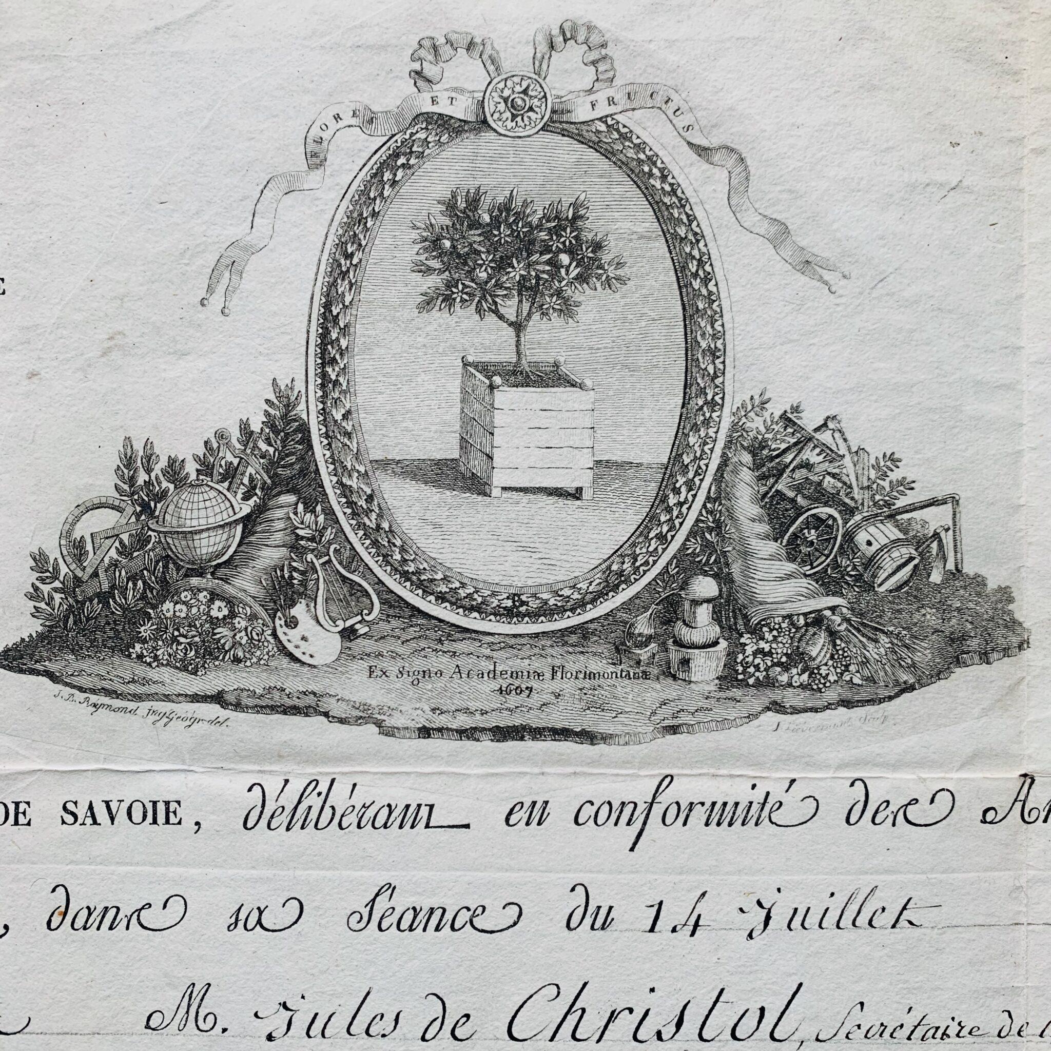 Superbe diplôme de la Société Académique de Savoie (1837) pour le paléontologue Jules de Christol