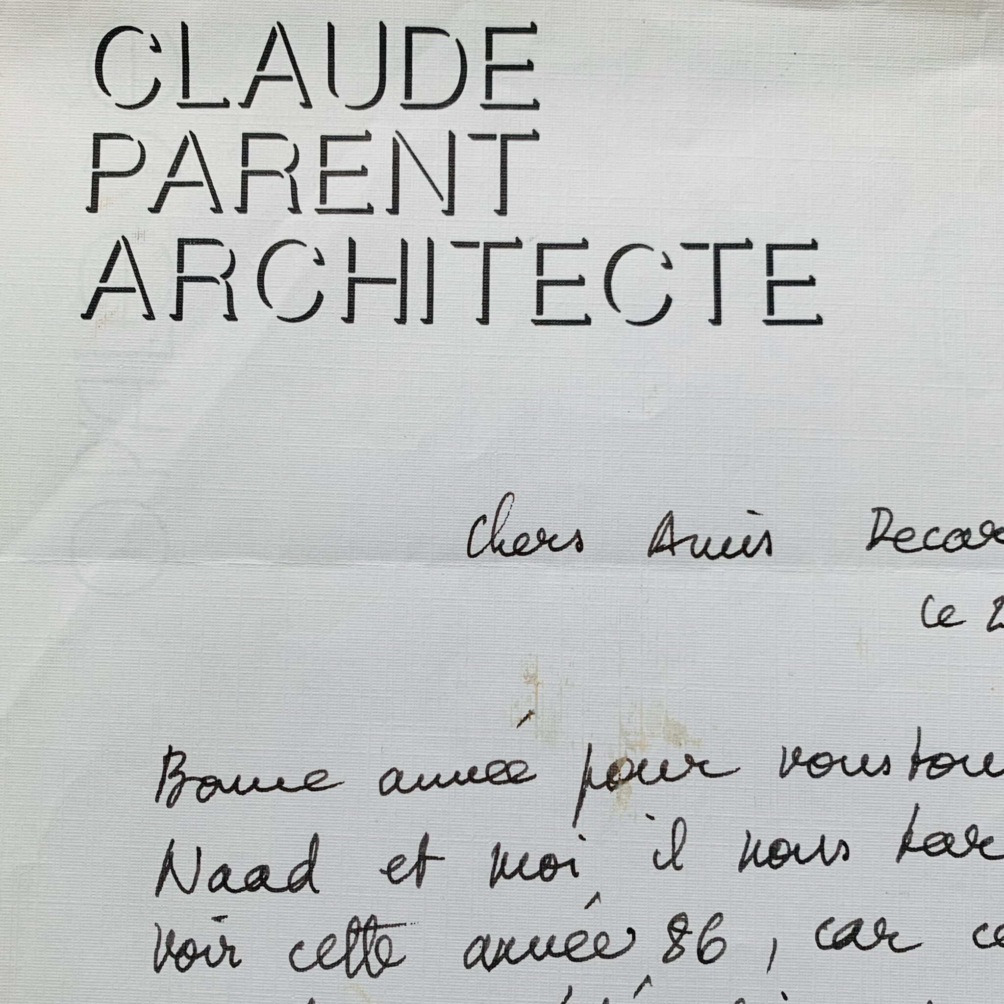 Une lettre et un amusant dessin de l'architecte Claude Parent