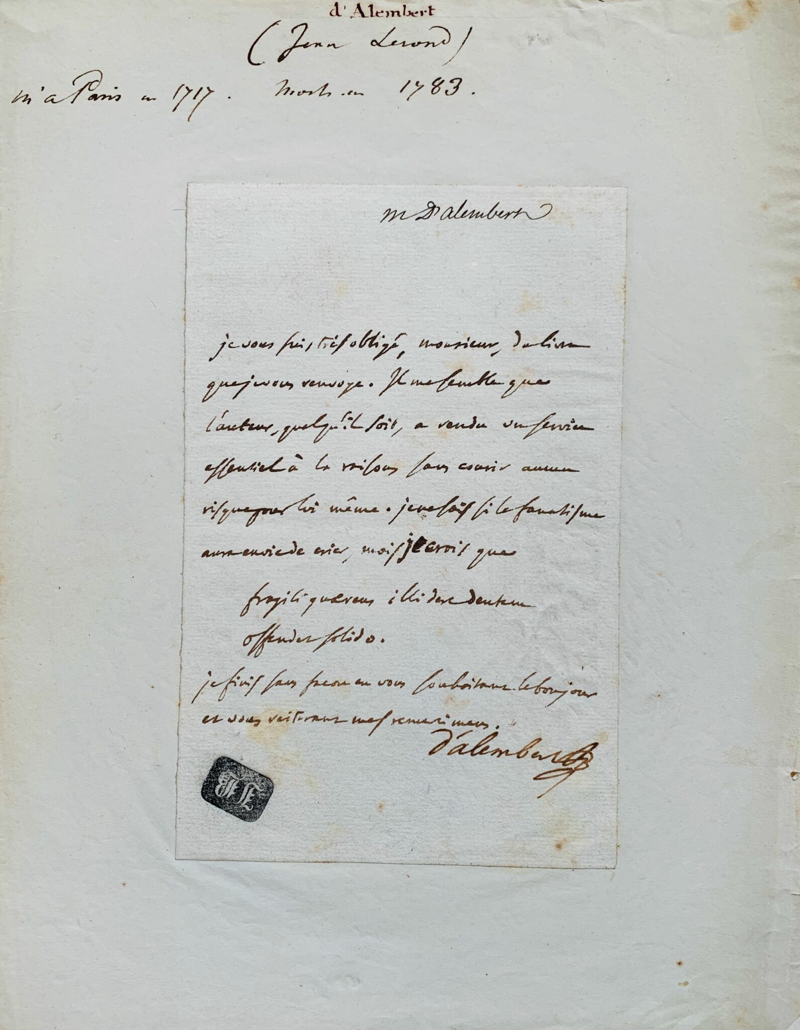 Ironique missive de D'Alembert sur le fanatisme citant Horace – vue 2 Ironique missive de D'Alembert sur le fanatisme citant Horace – vue 2