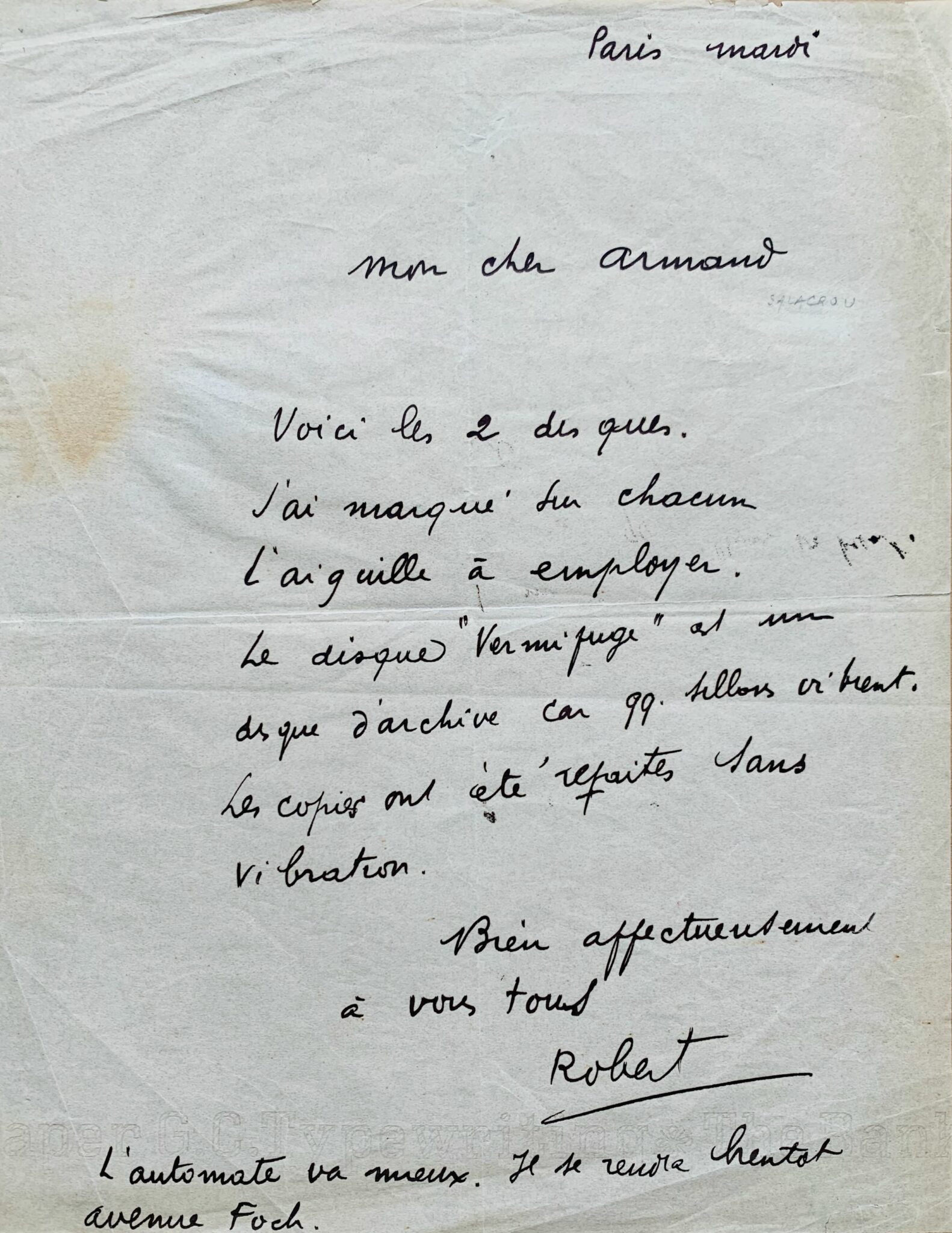 Robert Desnos envoie un disque "vermifuge" à Armand Salacrou – vue 2 Robert Desnos envoie un disque "vermifuge" à Armand Salacrou – vue 2