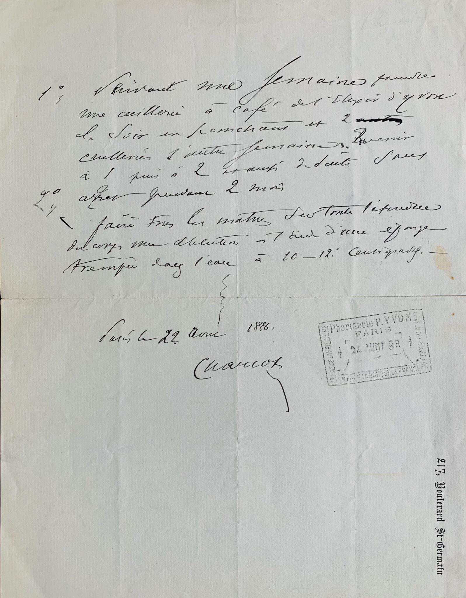 Ordonnance médicale de Jean-Martin Charcot à base d'Elixir d'Yvon – vue 2 Ordonnance médicale de Jean-Martin Charcot à base d'Elixir d'Yvon – vue 2