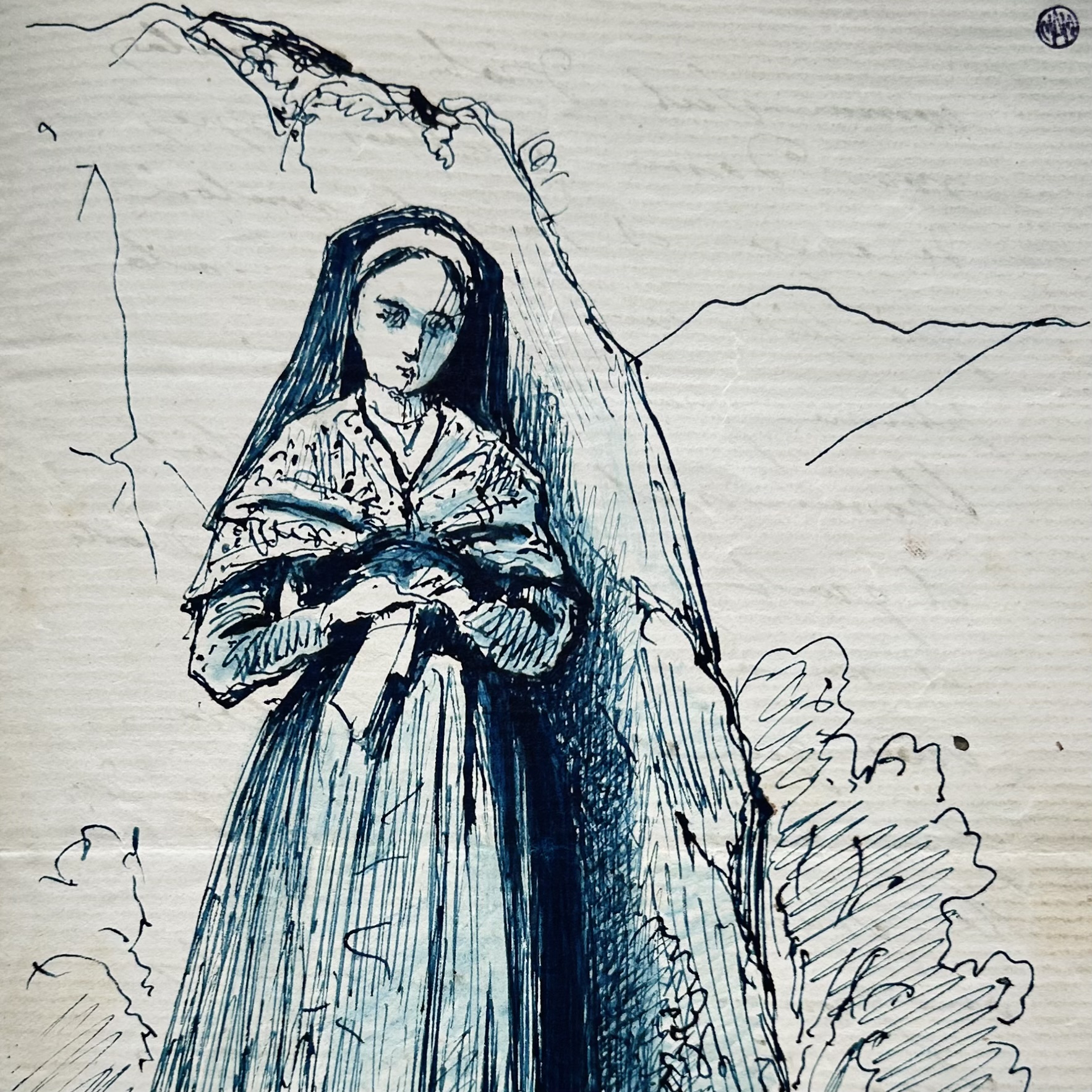 Carta de Eugène Giraud ilustrada con un dibujo a pluma (posible retrato de Bernadette Soubirous)