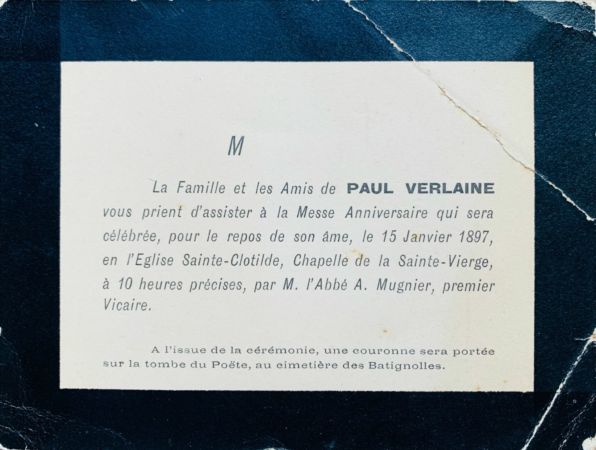 Carton d'invitation à la messe anniversaire de Paul Verlaine – vue 2 Carton d'invitation à la messe anniversaire de Paul Verlaine – vue 2
