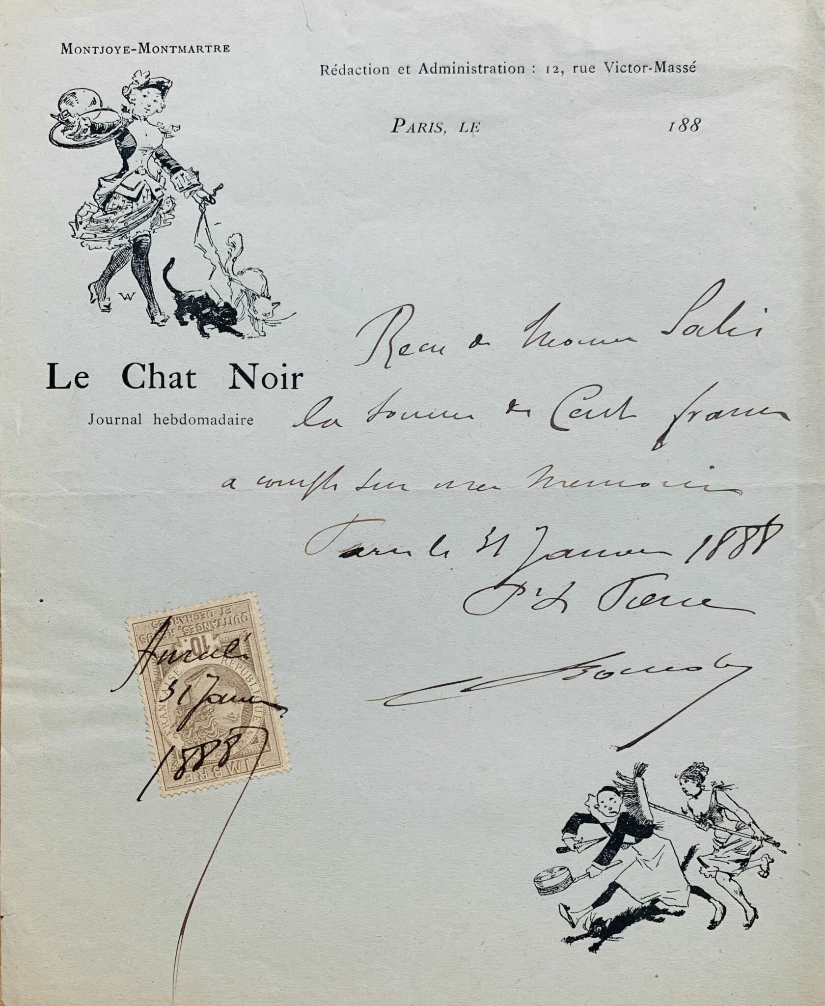 Un reçu délivré par Rodolphe Salis à en-tête du Chat Noir – vue 2 Un reçu délivré par Rodolphe Salis à en-tête du Chat Noir – vue 2