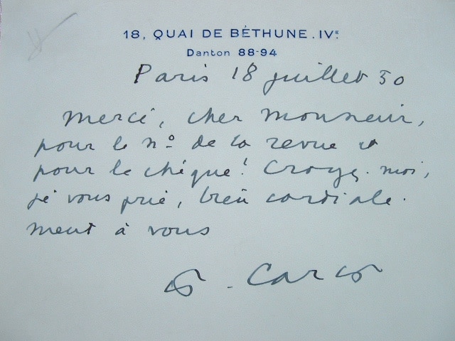 Carte autographe de Françis Carco.