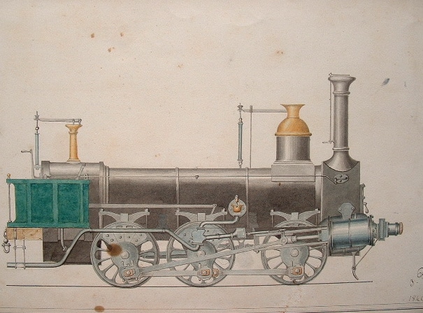 Dessin d'une locomotive à six roues, 1840.