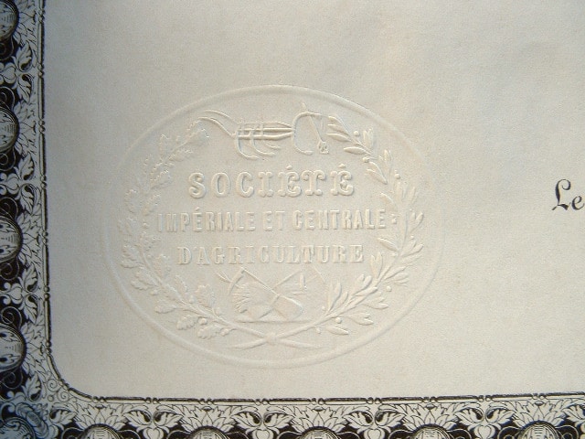 Diplôme de la Société Impériale d'Agriculture.