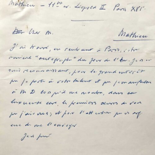 Lettre de Georges Mathieu à Malraux + brouillon de Malraux à Mathieu