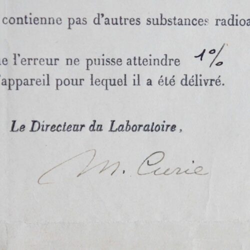 Certificat de dosage de radium signé par Marie Curie