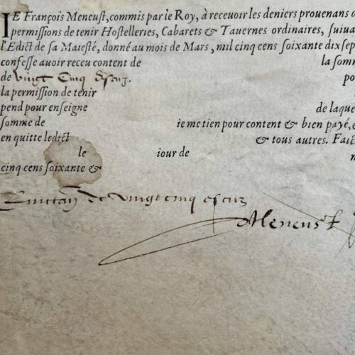 Quittung aus dem Jahr 1578 über die Erhebung von Steuern auf „Gasthäuser, Kabaretts und Tavernen“