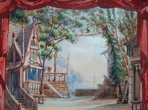 Trois décors de théâtre à l'aquarelle.