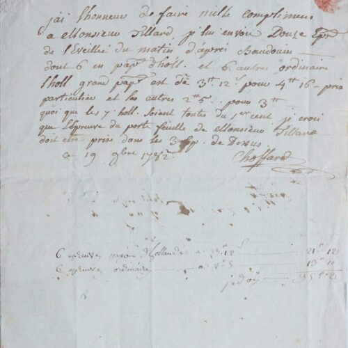 Belle lettre du graveur et dessinateur Choffard à Tilliard, en 1782 – vue 2