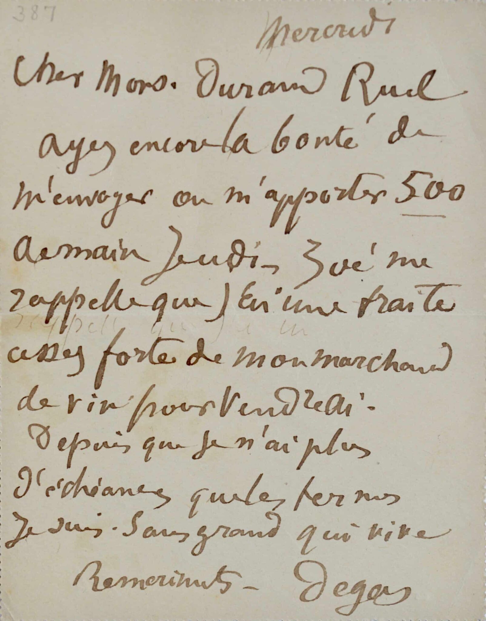 Edgar Degas demande de l'argent à Durand-Ruel pour payer son vin – vue 2 Edgar Degas demande de l'argent à Durand-Ruel pour payer son vin – vue 2