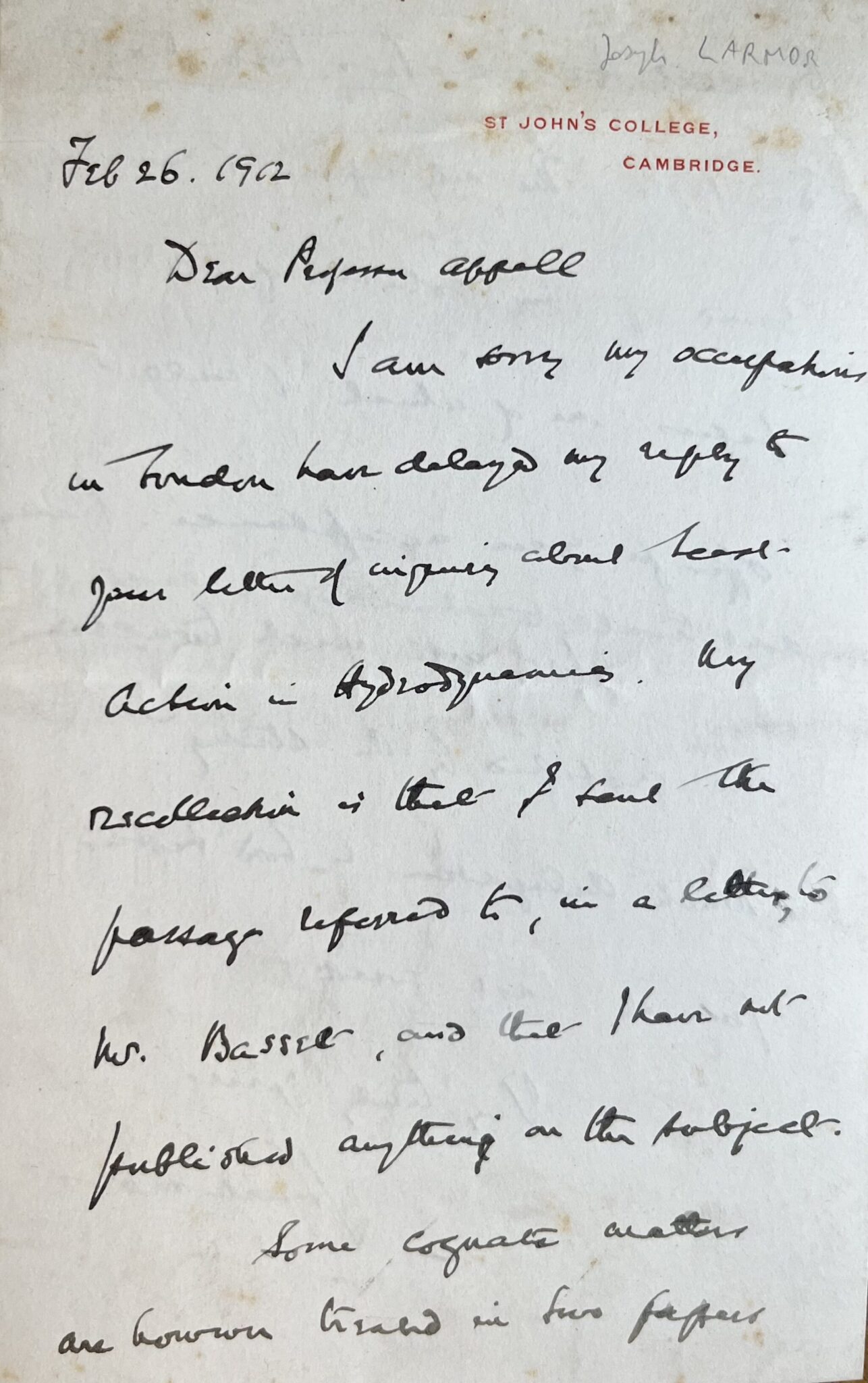 Lettre du mathématicien irlandais Joseph Larmor à Paul Appell – vue 2 Lettre du mathématicien irlandais Joseph Larmor à Paul Appell – vue 2