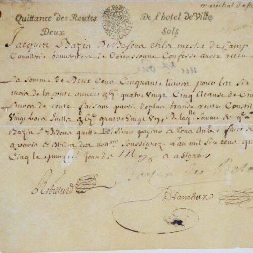 Pièce signée par le maréchal Jacques Bazin de Bezons – vue 2