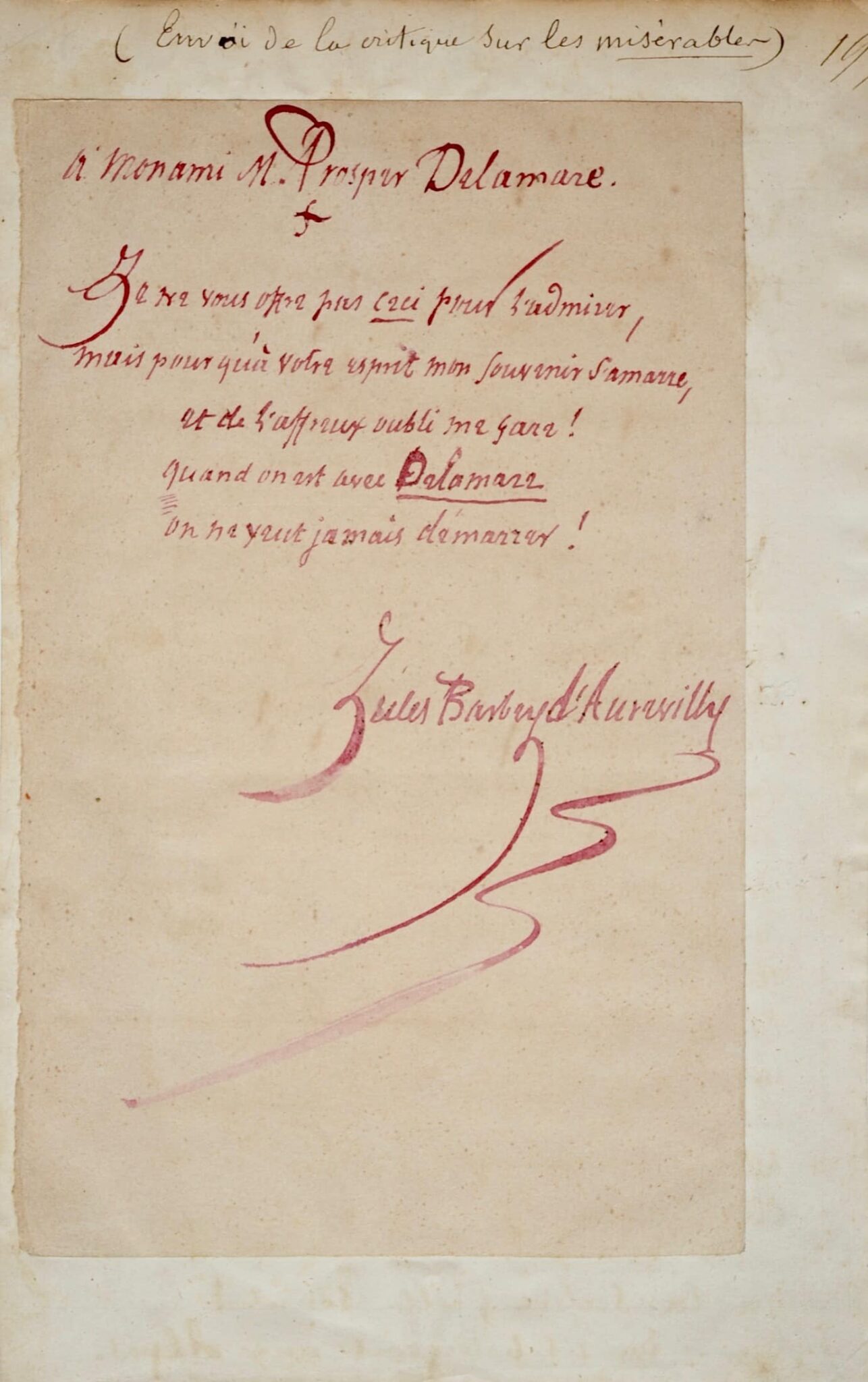 Poème de Barbey d'Aurevilly à son ami Prosper Delamare – vue 2 Poème de Barbey d'Aurevilly à son ami Prosper Delamare – vue 2