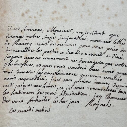 Rare lettre de l'abbé Raynal – vue 2
