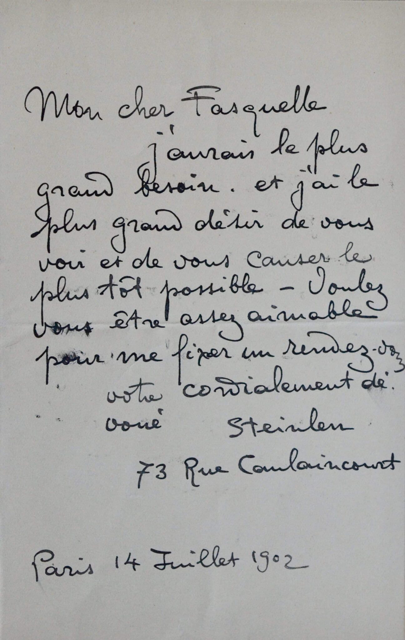 Théophile Alexandre Steinlen demande un rendez-vous à Eugène Fasquelle – vue 2 Théophile Alexandre Steinlen demande un rendez-vous à Eugène Fasquelle – vue 2