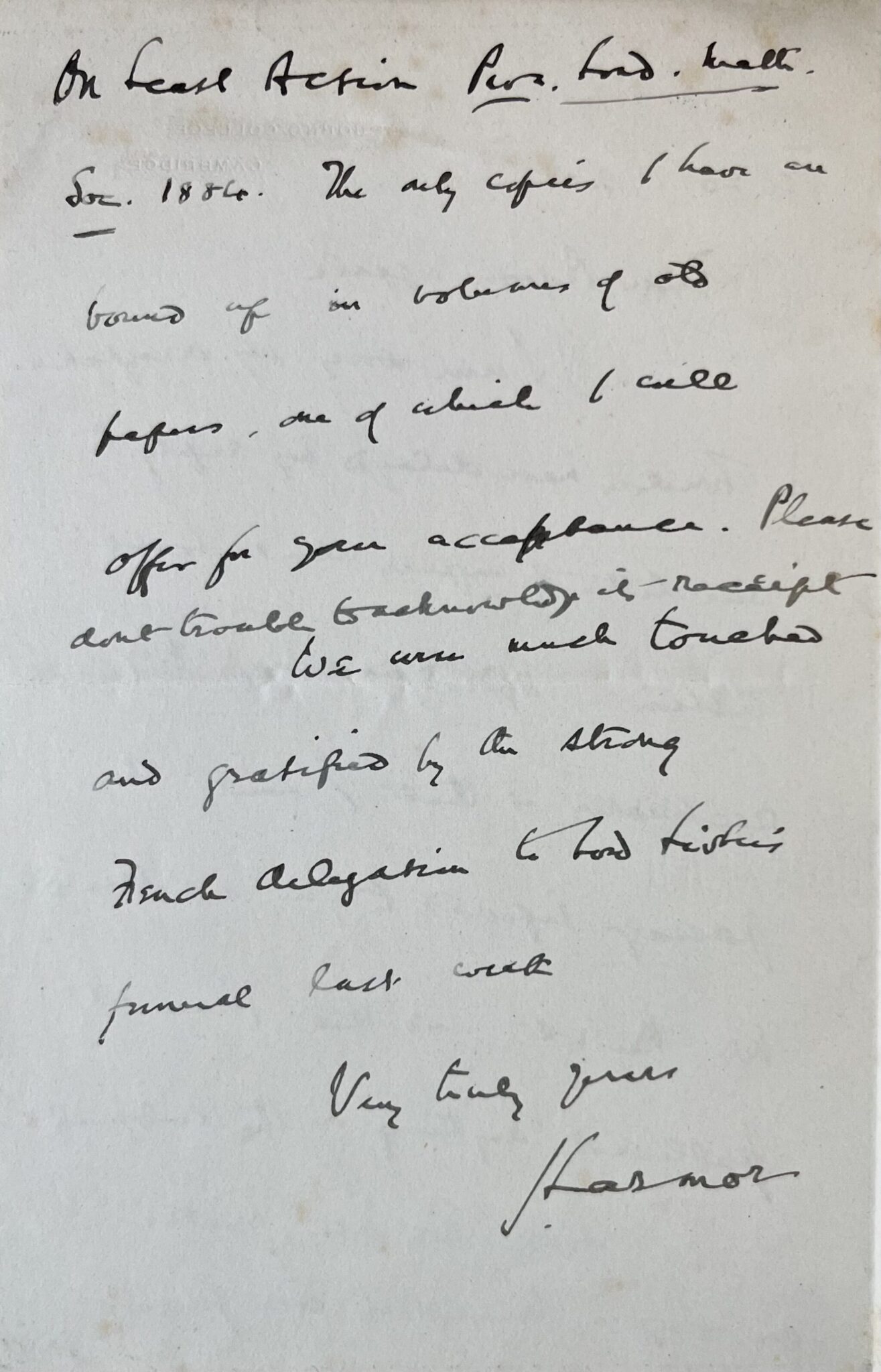 Lettre du mathématicien irlandais Joseph Larmor à Paul Appell – vue 3 Lettre du mathématicien irlandais Joseph Larmor à Paul Appell – vue 3