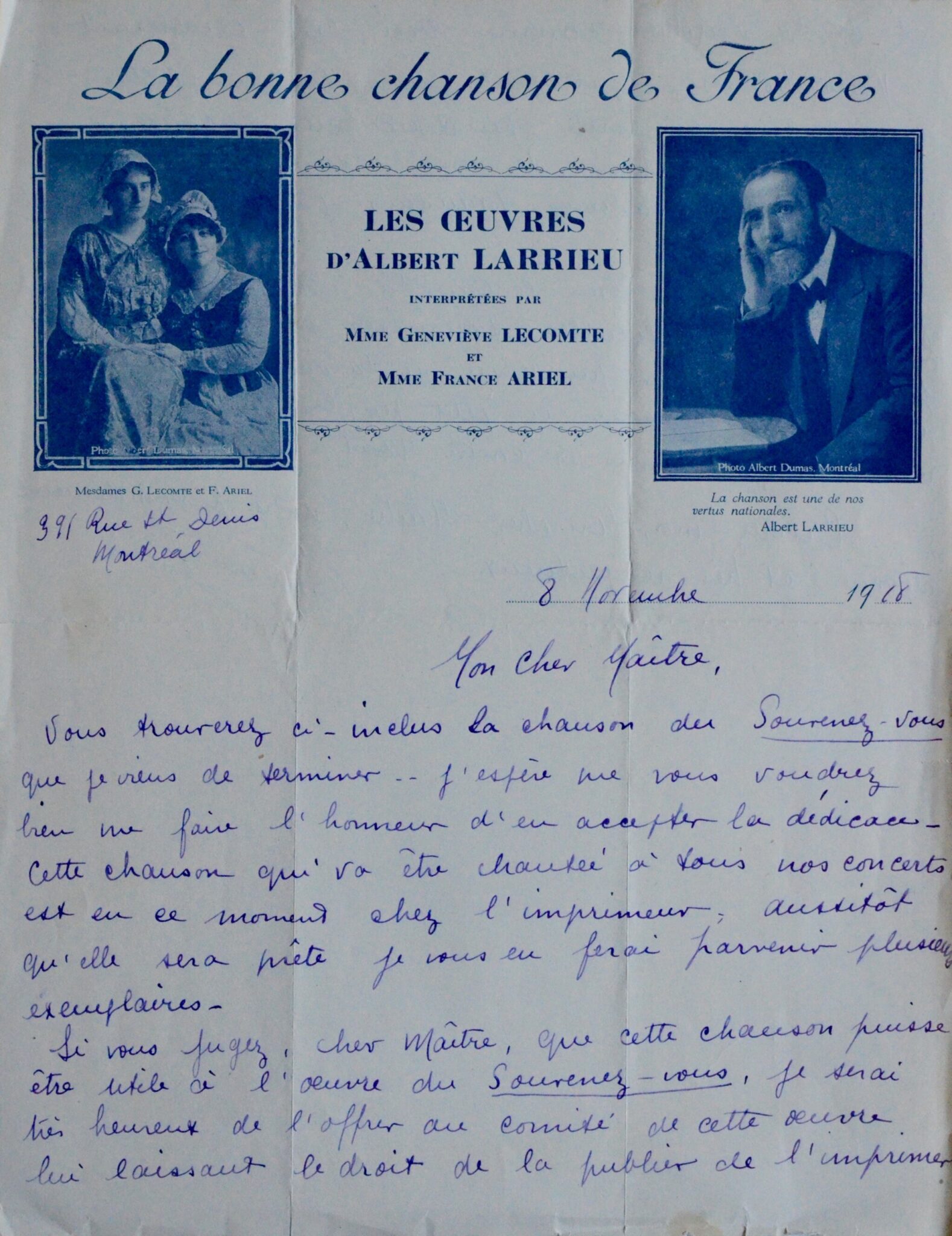 De Montréal, Albert Larrieu adresse à Richepin une chanson sur les blessures de l'Europe – vue 4 De Montréal, Albert Larrieu adresse à Richepin une chanson sur les blessures de l'Europe – vue 4