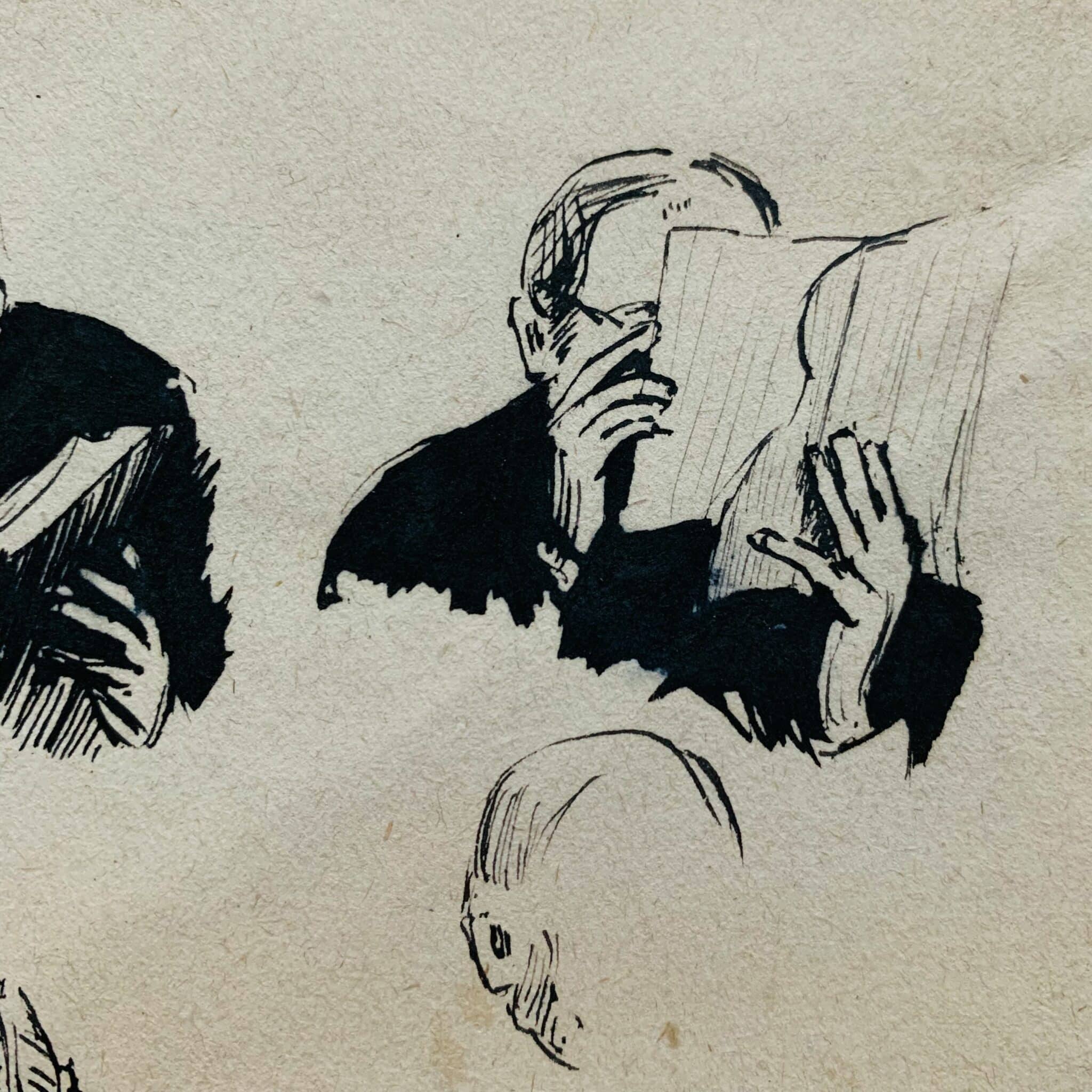 Des lecteurs à la Bibliothèque nationale croqués sur le vif à l'encre de Chine en 1884