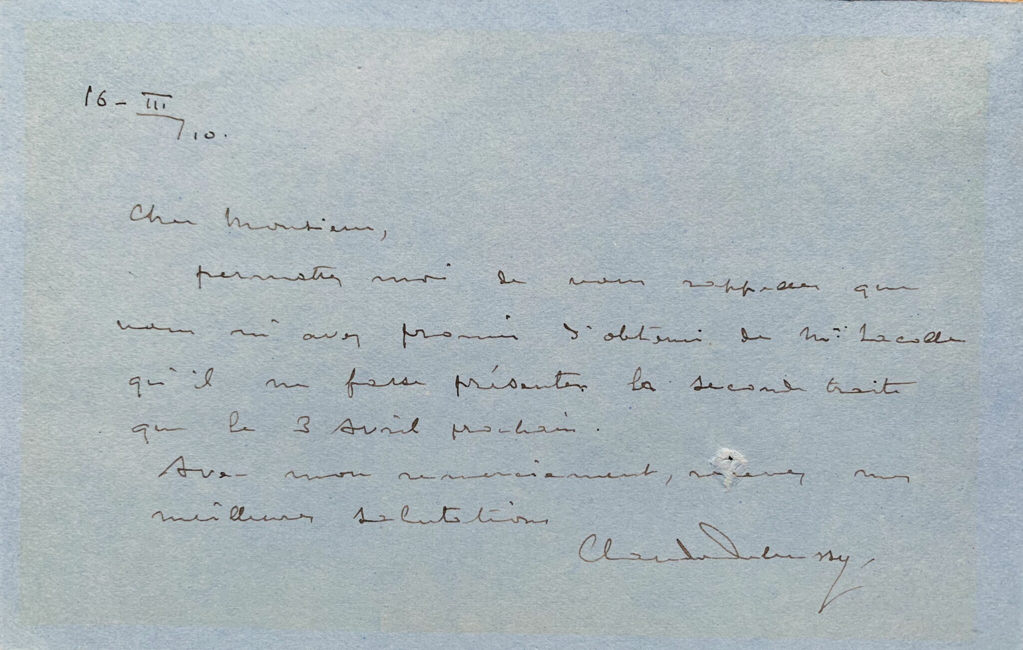 Petite lettre inédite de Claude Debussy de l'ancienne collection Sacha Guitry – vue 2 Petite lettre inédite de Claude Debussy de l'ancienne collection Sacha Guitry – vue 2