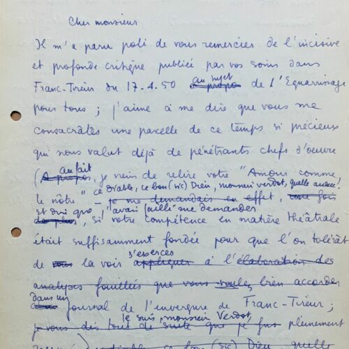 Violente lettre pleine d'ironie de Boris Vian après une critique d'Equarrissage pour tous – vue 2