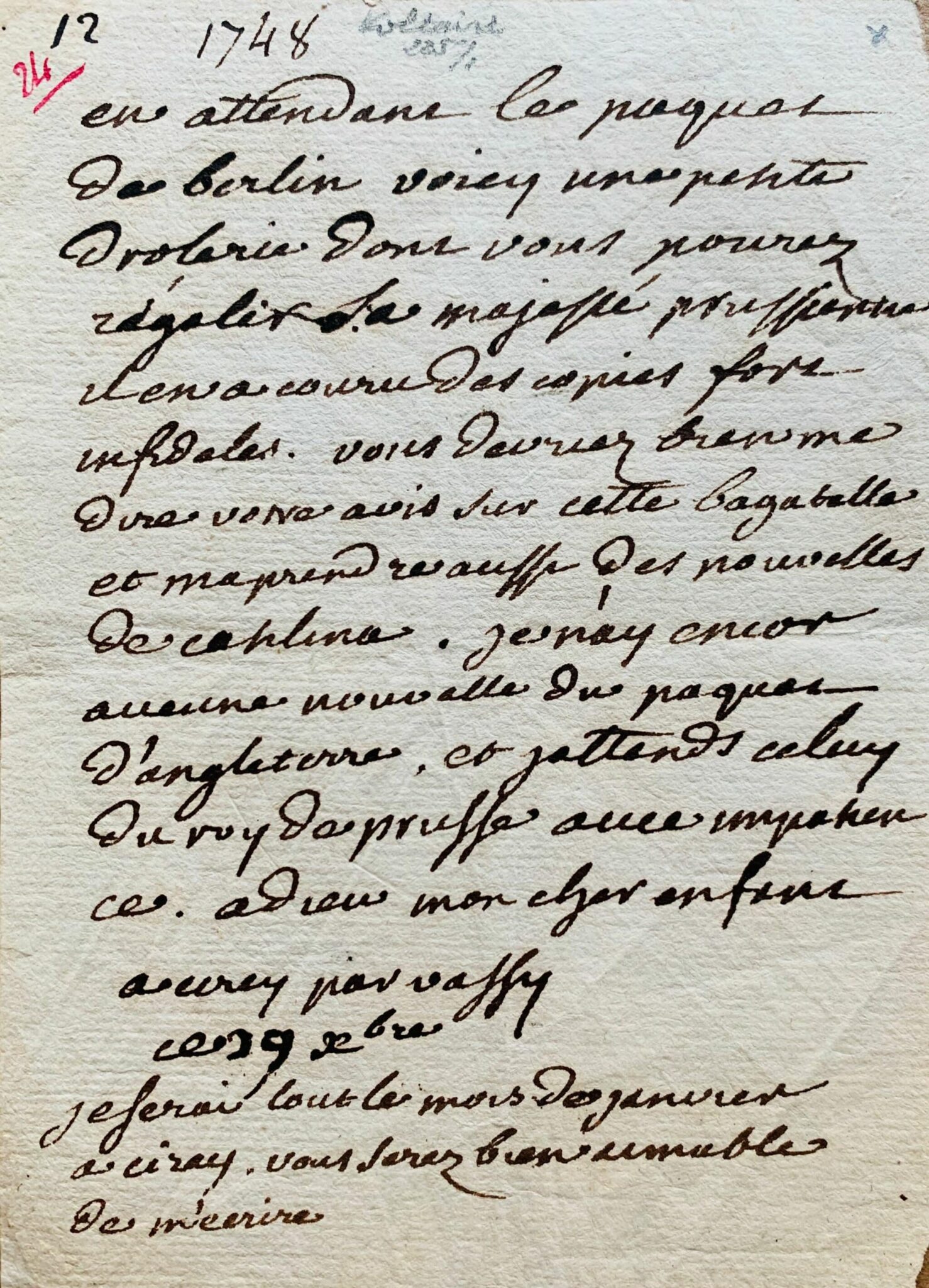 Lettre de Voltaire à Baculard d'Arnaud durant son dernier séjour à Cirey, près d'Émilie du Châtelet – vue 2 Lettre de Voltaire à Baculard d'Arnaud durant son dernier séjour à Cirey, près d'Émilie du Châtelet – vue 2