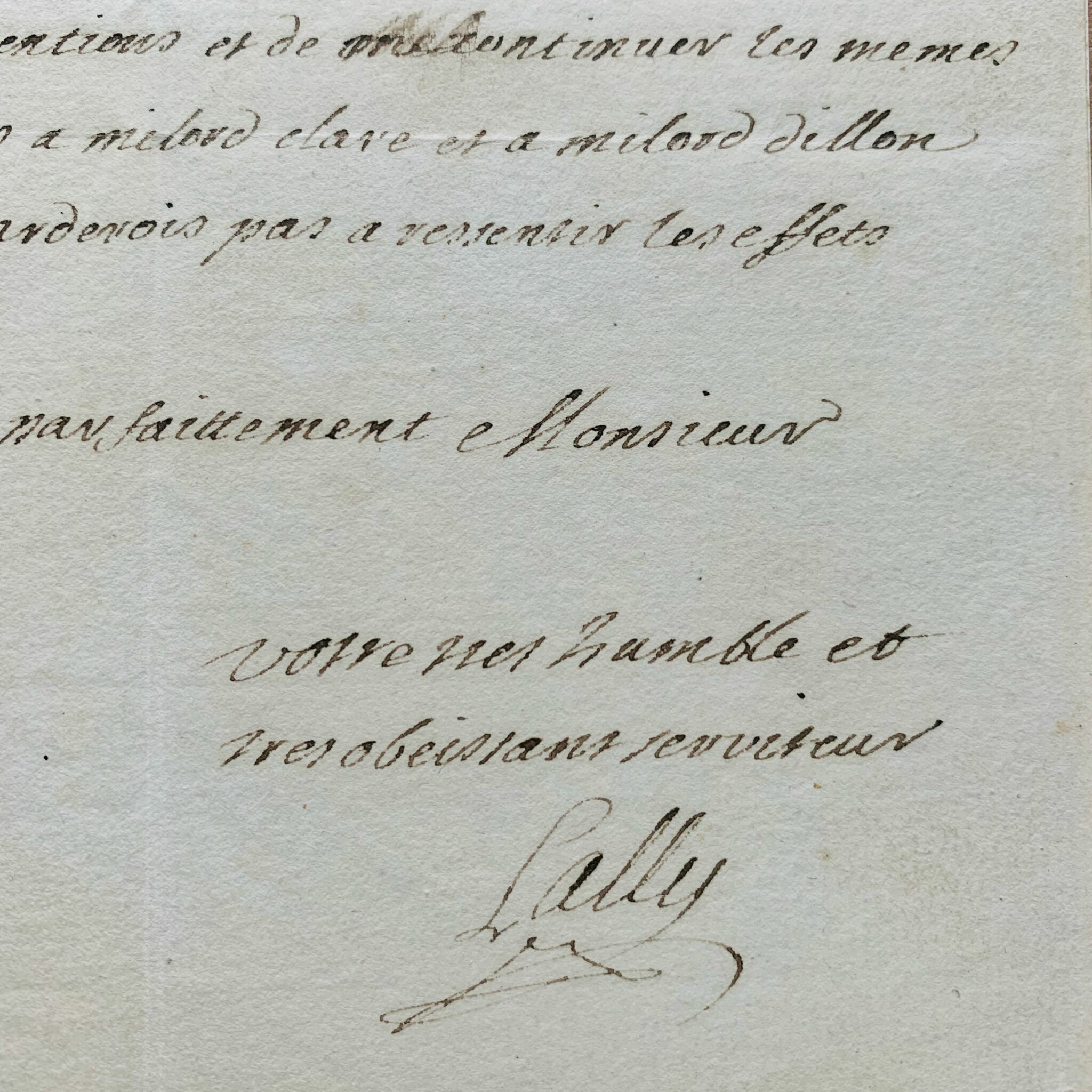 Carta autógrafa del futuro gobernador de la India, Thomas-Arthur de Lally-Tollendal, escrita desde el campamento de Speyer