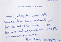 Philippe Labro remercie Félicien Marceau après l&rsquo;envoi de son livre.